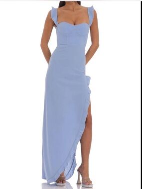 Lucy in the Sky Light Blue One-Shoulder Ruffle-Slit Maxi Dress